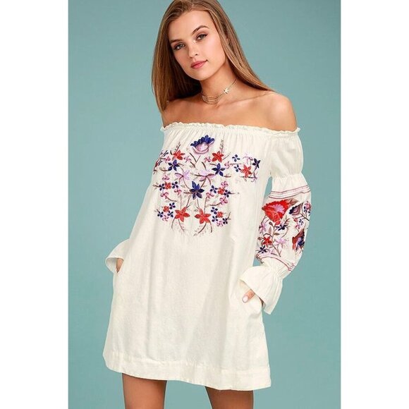 FREE PEOPLE Women Fleur De Jour Off Shoulder Mini Dress Sz XS White Boho 18-6 - Picture 1 of 11